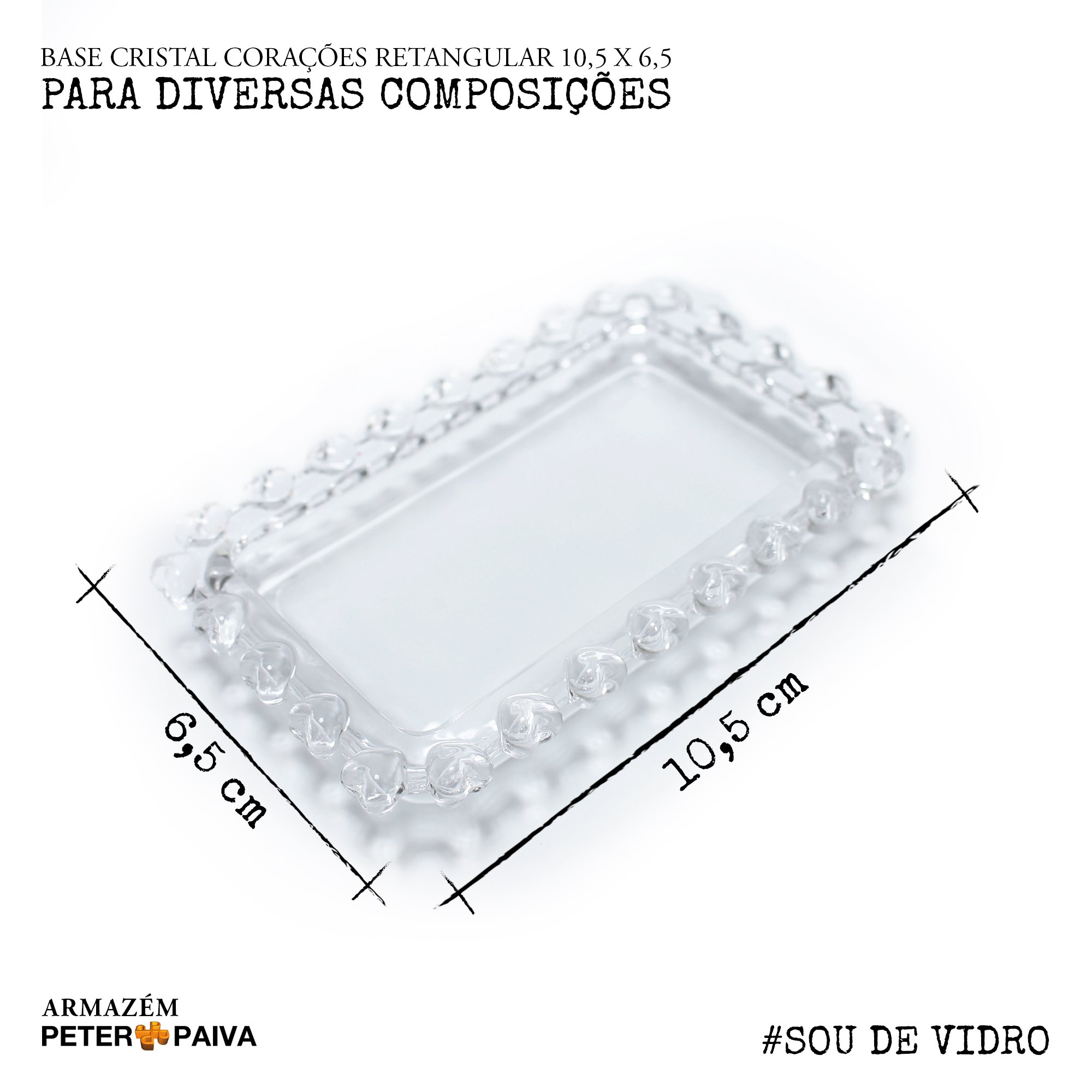 Base Cristal Corações Retangular 10,5x6,5cm